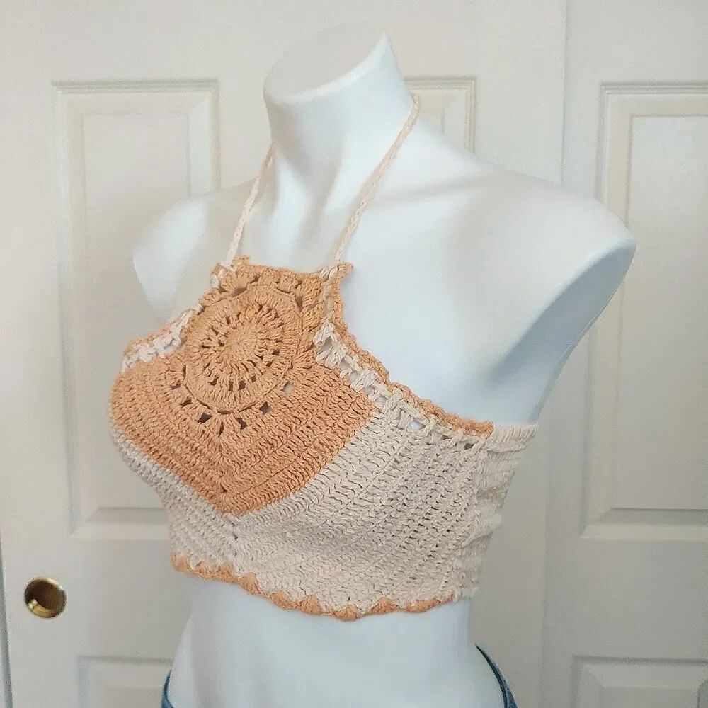 B.O.G Collective crochet halter smocked boho top sz XS